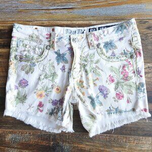 MISS ME Cargo Botanical Garden White Denim Shorts Zip Pocket Frayed Hem